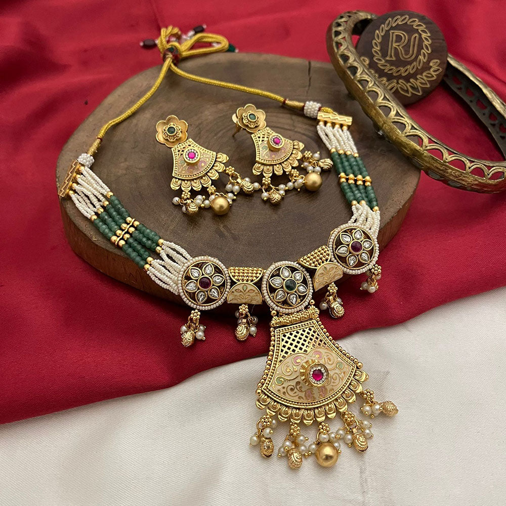 FS Collection Gold Plated Pota Stone And Pearls Necklace Set