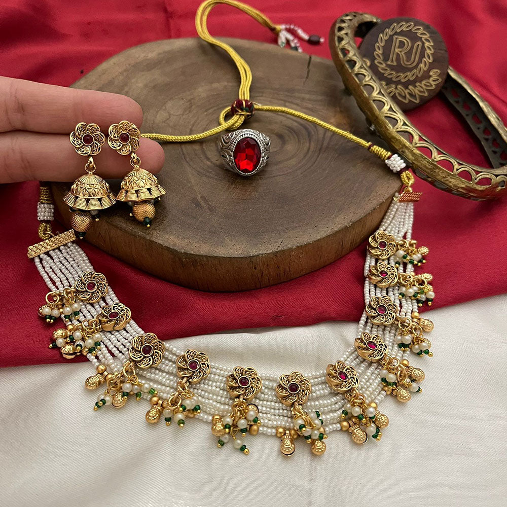 FS Collection Gold Plated Pota Stone And Pearls Necklace Set