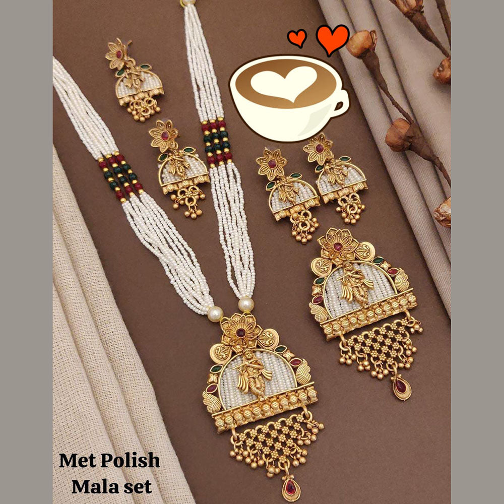 FS Collection Gold Plated Pota Stone And Pearls Temple Long Necklace Set