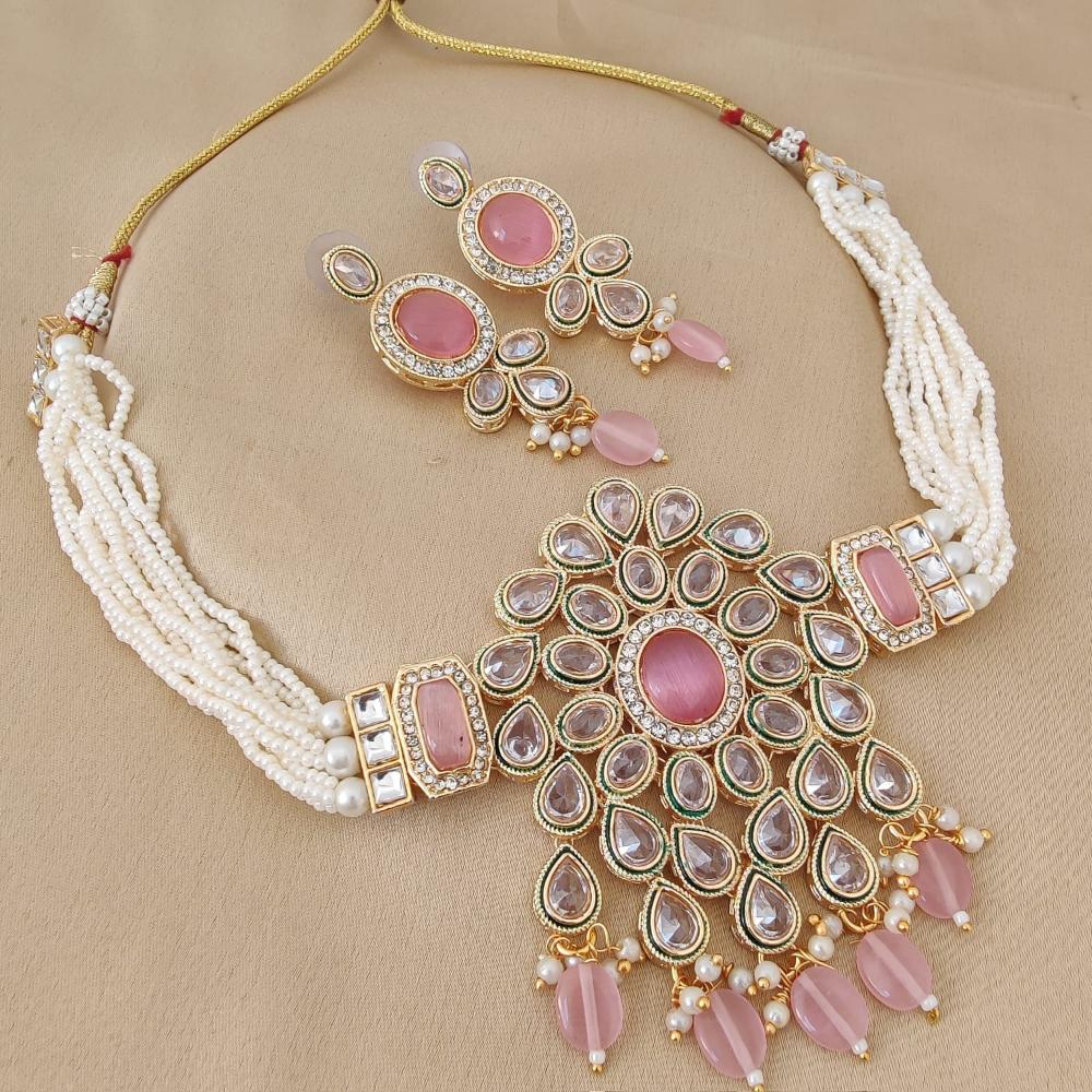 FS Collection Gold Plated Crystal Stone And Beads Choker Necklace Set