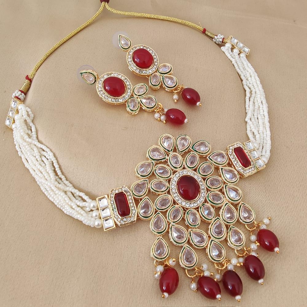 FS Collection Gold Plated Crystal Stone And Beads Choker Necklace Set