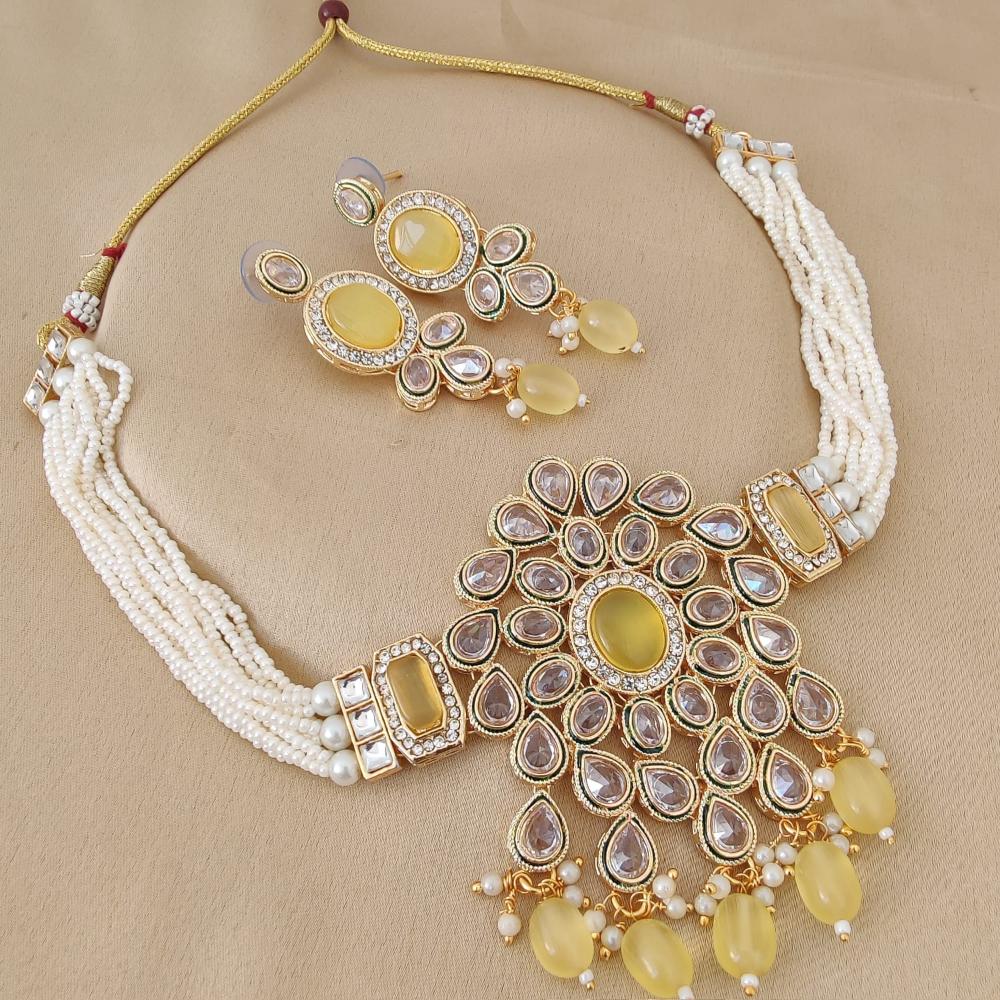 FS Collection Gold Plated Crystal Stone And Beads Choker Necklace Set
