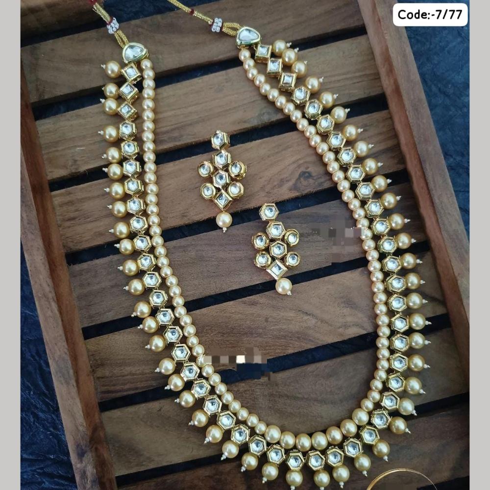 FS Collection Gold Plated Kundan Stone And Pearls Long Necklace Set