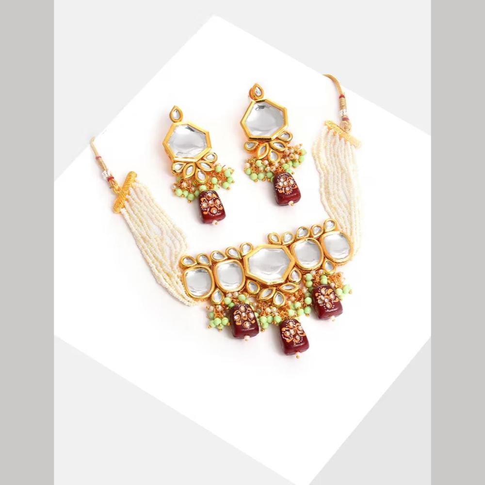 FS Collection Gold Plated Kundan Stone And Beads Choker Necklace Set