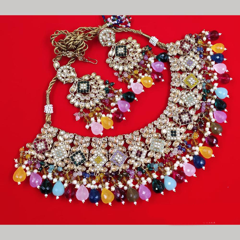 FS Collection Gold Plated Crystal Stone And Beads Necklace Set