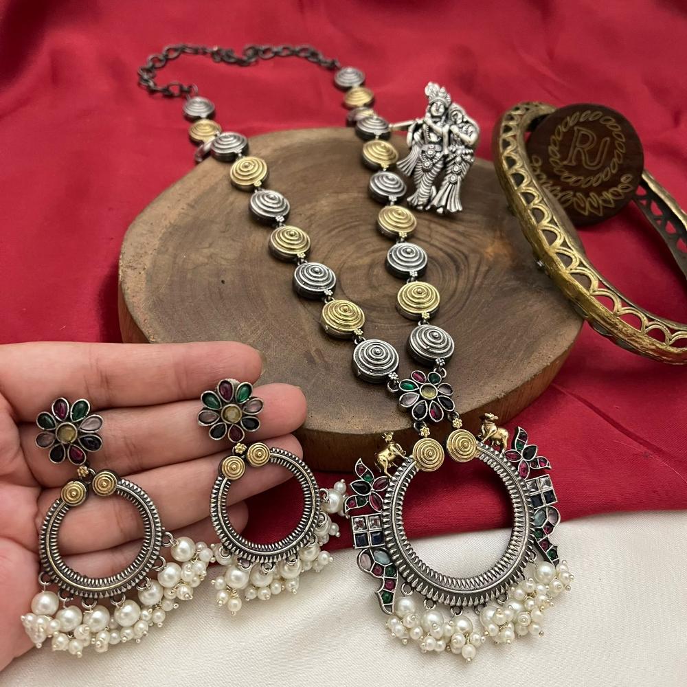 FS Collection 2 Tone Plated Pota Stone And Pearls Necklace Set