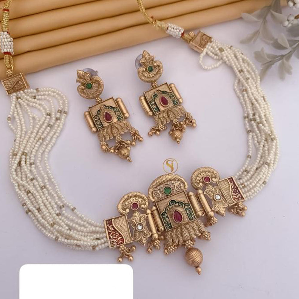 FS Collection Gold Plated Pota Stone And Pearls Choker Meenakari Necklace Set