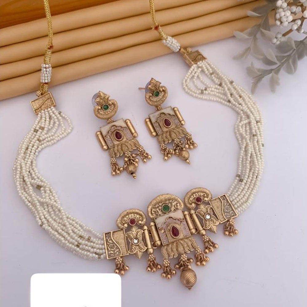 FS Collection Gold Plated Pota Stone And Pearls Choker Meenakari Necklace Set
