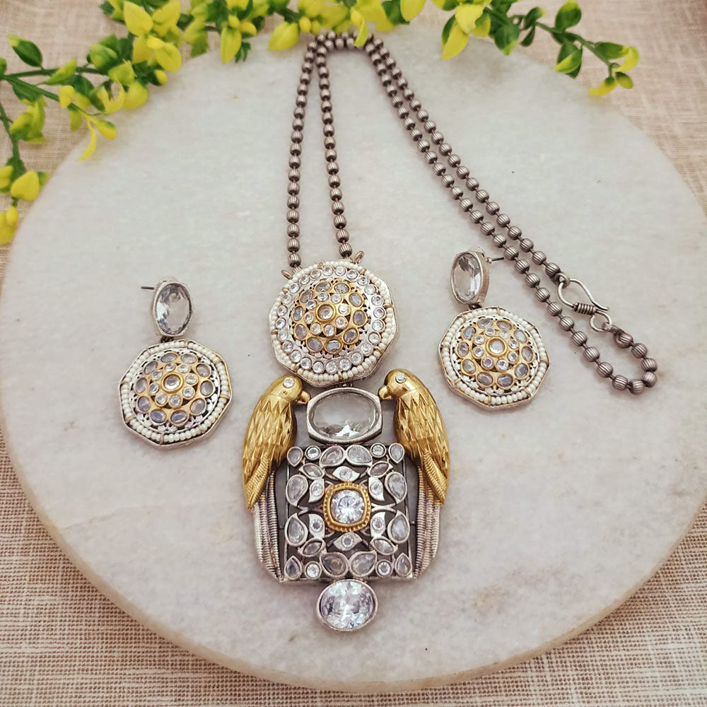 FS Collection 2 Tone Plated Pota Stone And Pearls Long Necklace Set