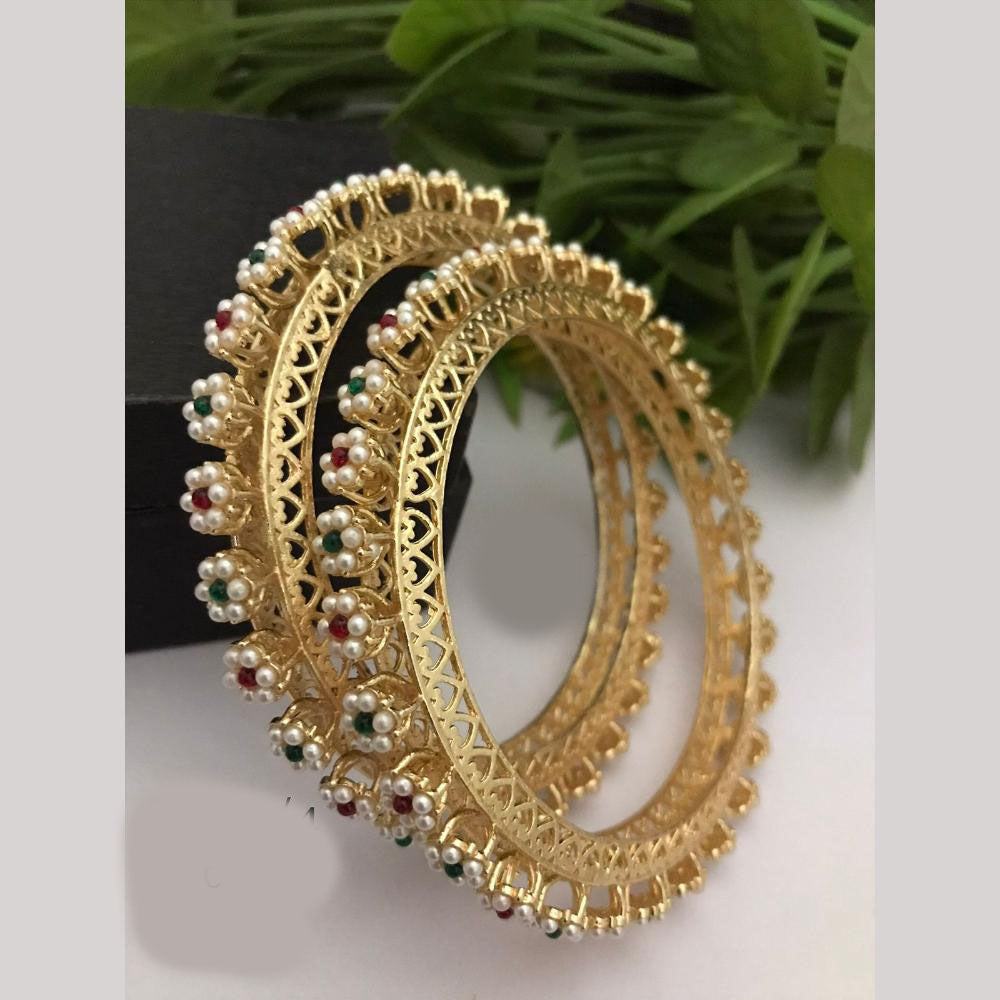 FS Collections Gold Plated Pota Stone And Pearls Bangles Set