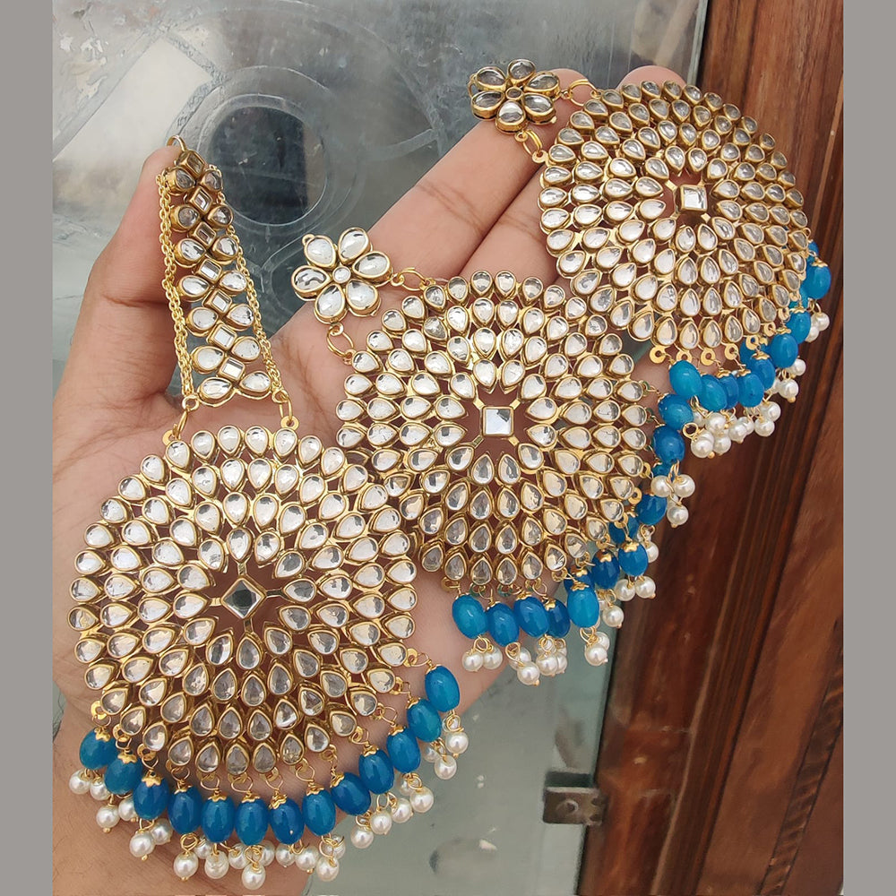FS Collection Gold Plated Kundan Stone And Beads Dangler Earrings With Maangtikka