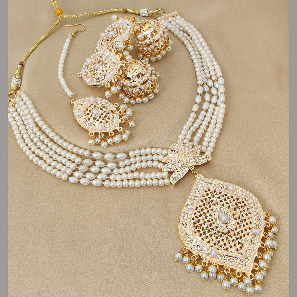 FS Collection Gold Plated Austrian Stone And Pearls Necklace Set
