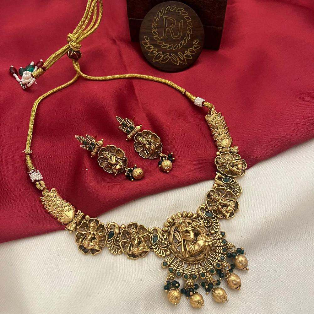 FS Collection Gold Plated Pota Stone and Pearls Temple Necklace Set