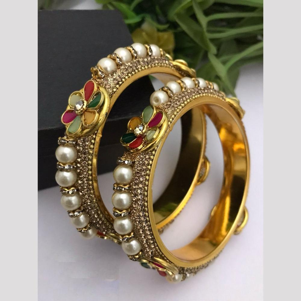 FS Collection Gold Plated Crystal Stone And Pearls Bangle Set