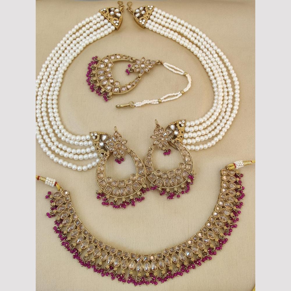 FS Collection Gold Plated Crystal Stone And Pearls Necklace Set