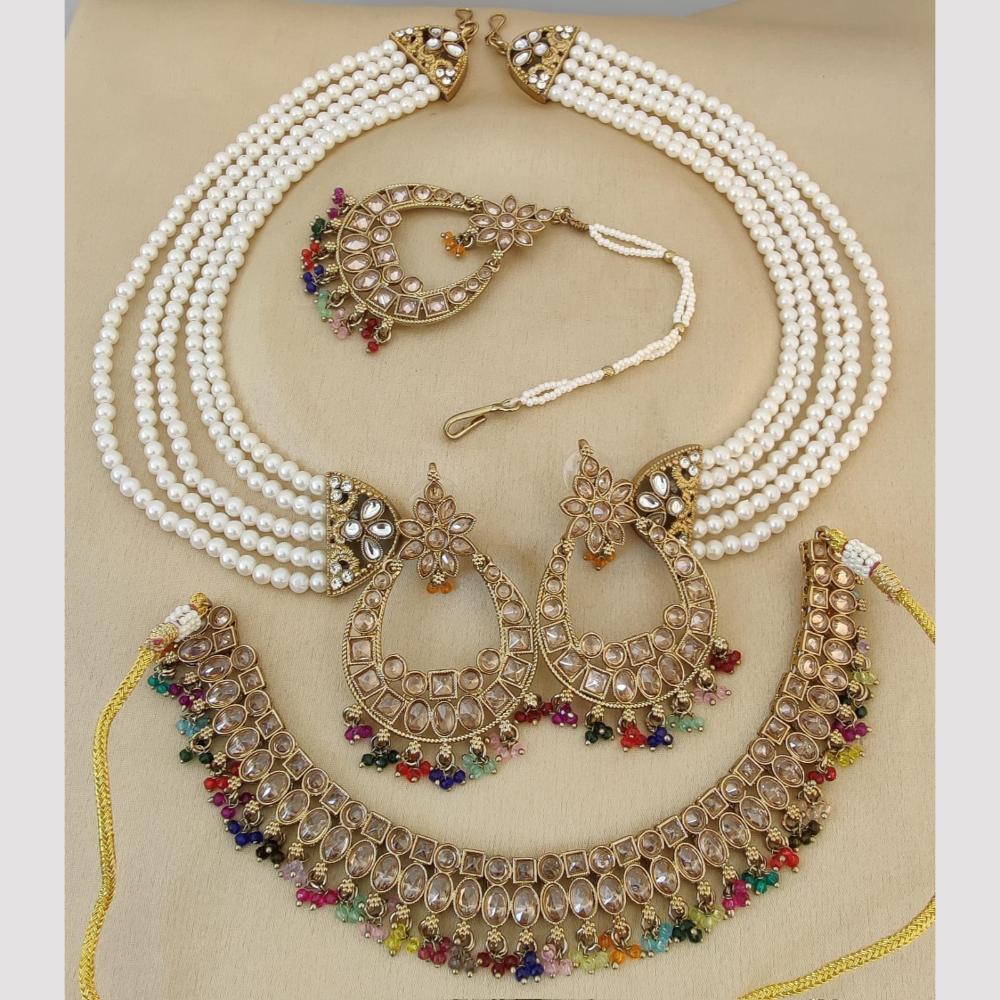FS Collection Gold Plated Crystal Stone And Pearls Necklace Set