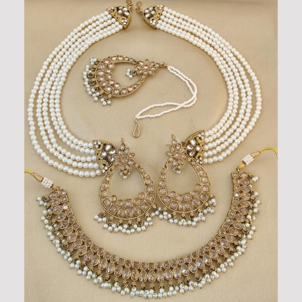 FS Collection Gold Plated Crystal Stone And Pearls Necklace Set