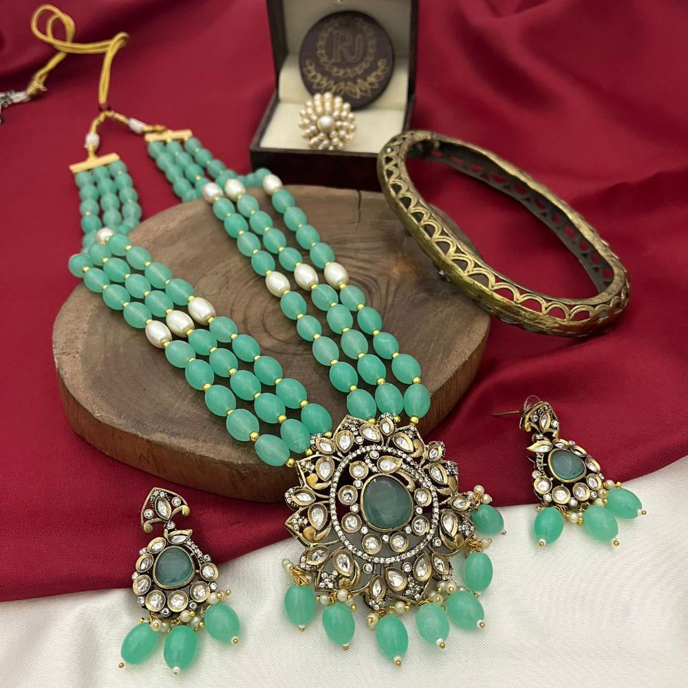 FS Collection Gold Plated Polki Kundan Stone And Beads Necklace Set