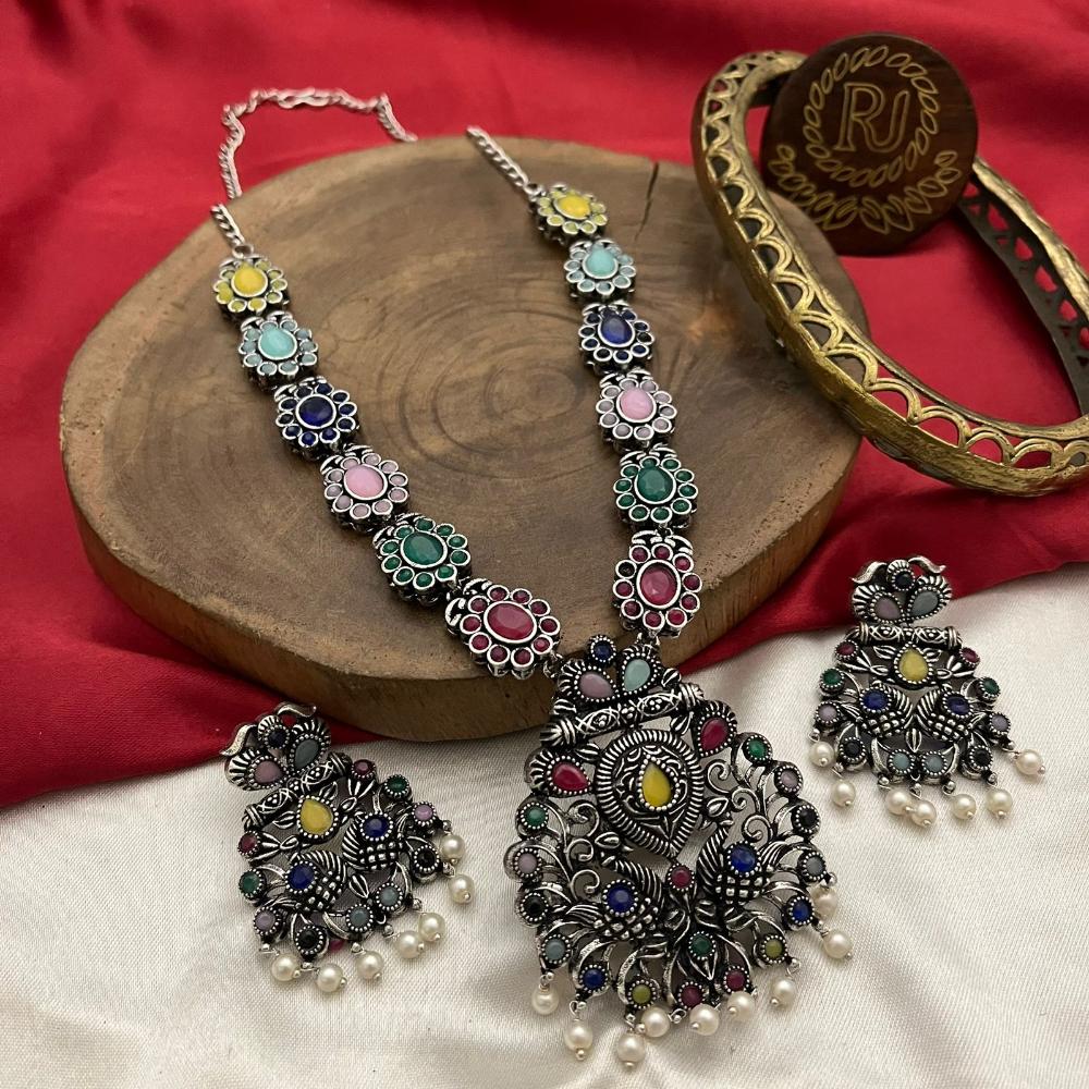 FS Collection Oxidised Plated Pota Stone Long Necklace Set
