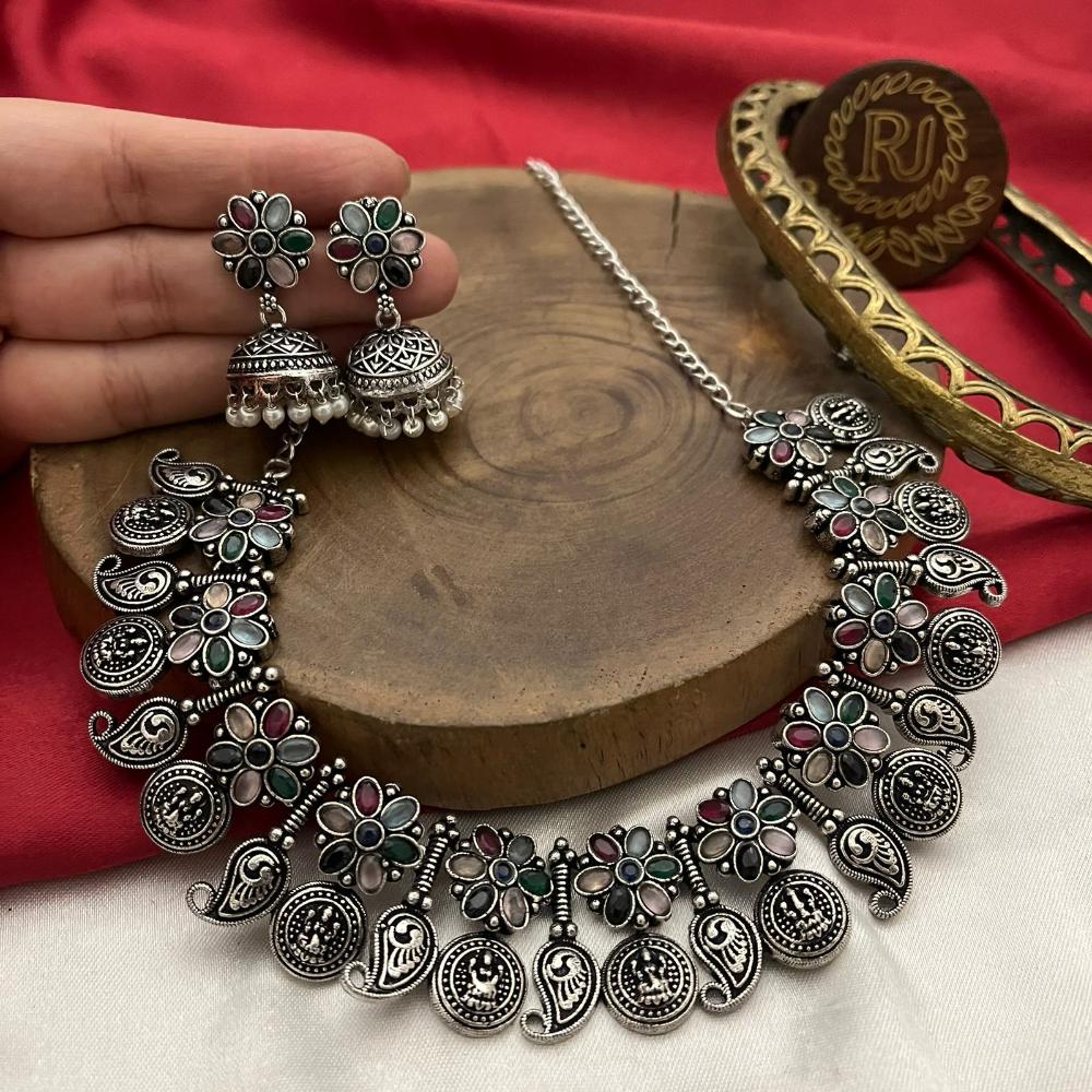 FS Collection Oxidised Plated Pota Stone Necklace Set