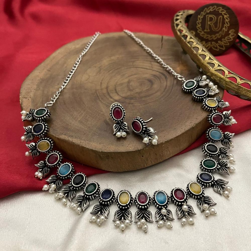 FS Collection Oxidised Plated Pota Stone Necklace Set