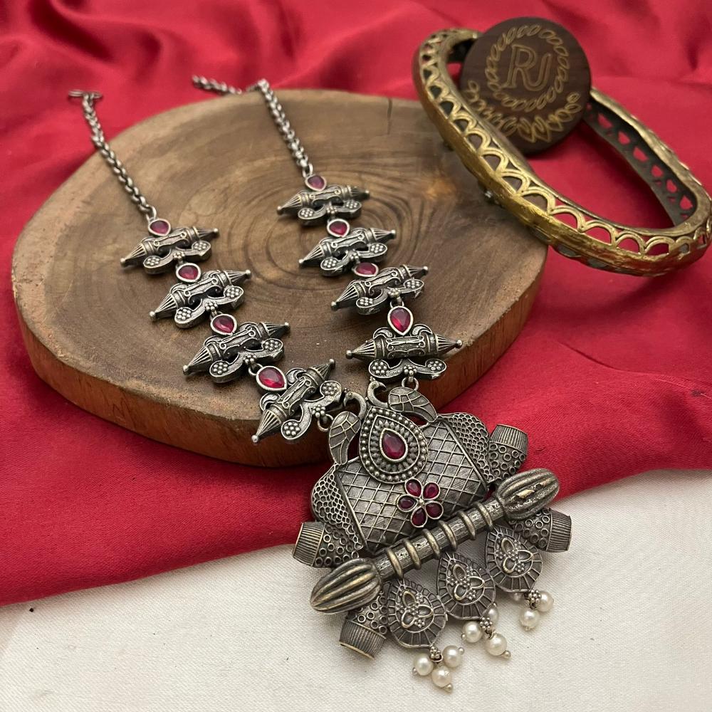 FS Collection Oxidised Plated Pota Stone Long Necklace Set