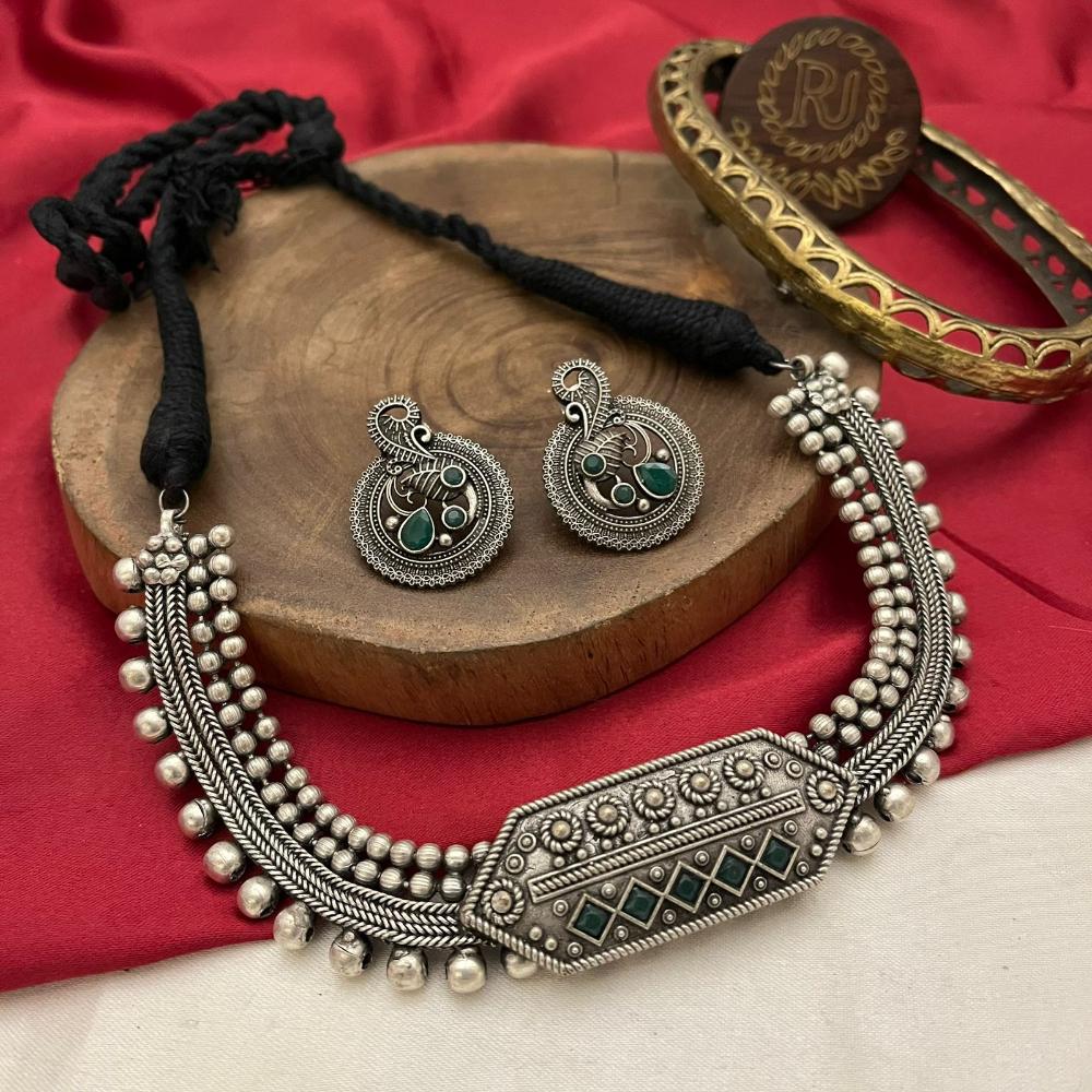FS Collection Oxidised Plated Pota Stone Necklace Set
