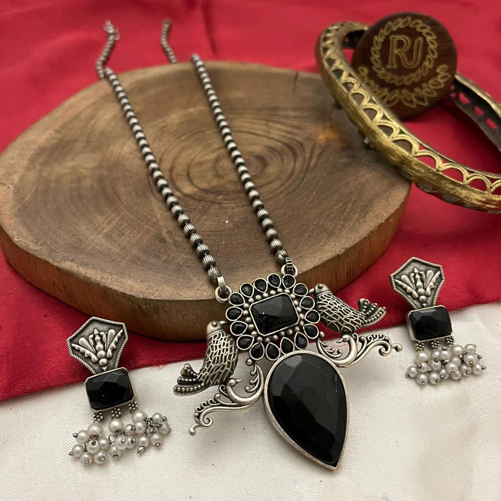 FS Collection Oxidised Plated Pota Stone And Pearls Long Necklace Set