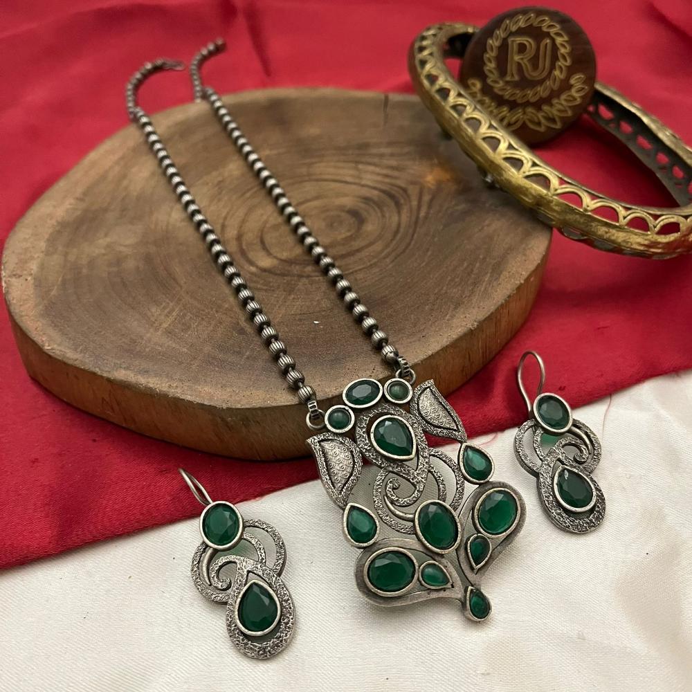 FS Collection Oxidised Plated Pota Stone And Pearls Long Necklace Set