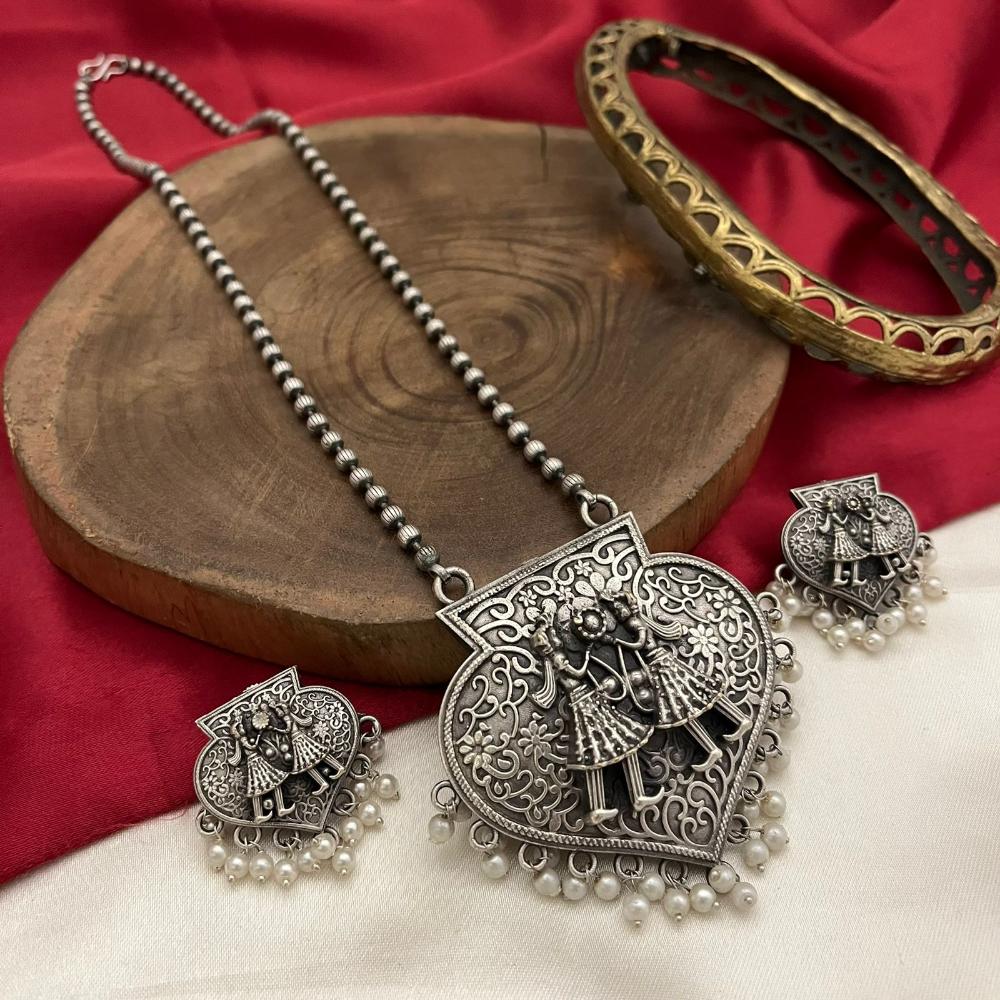 FS Collection Oxidised Plated Temple Long Necklace Set