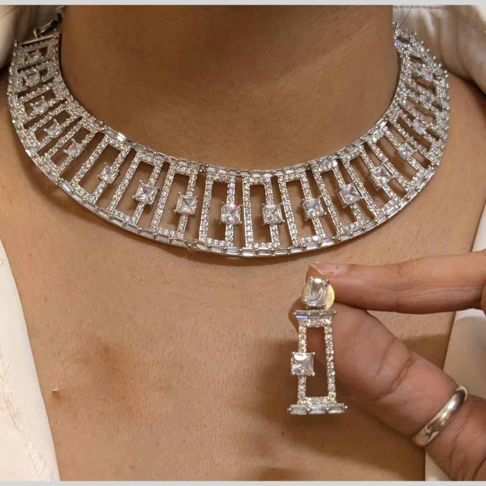 FS Collection Silver Plated American Diamond Necklace Set