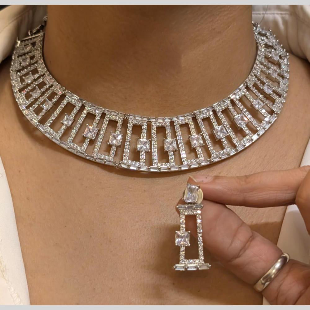 FS Collection Silver Plated American Diamond Necklace Set