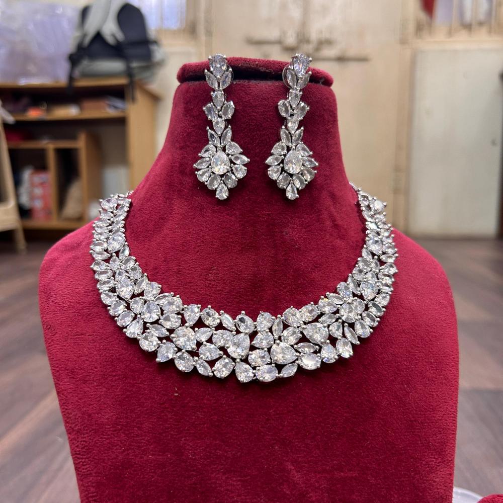 FS Collection Silver Plated American Diamond Necklace Set