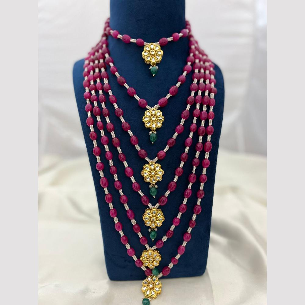 FS Collection Gold Plated Beads And Kundan Multi Layer Long Necklace Set