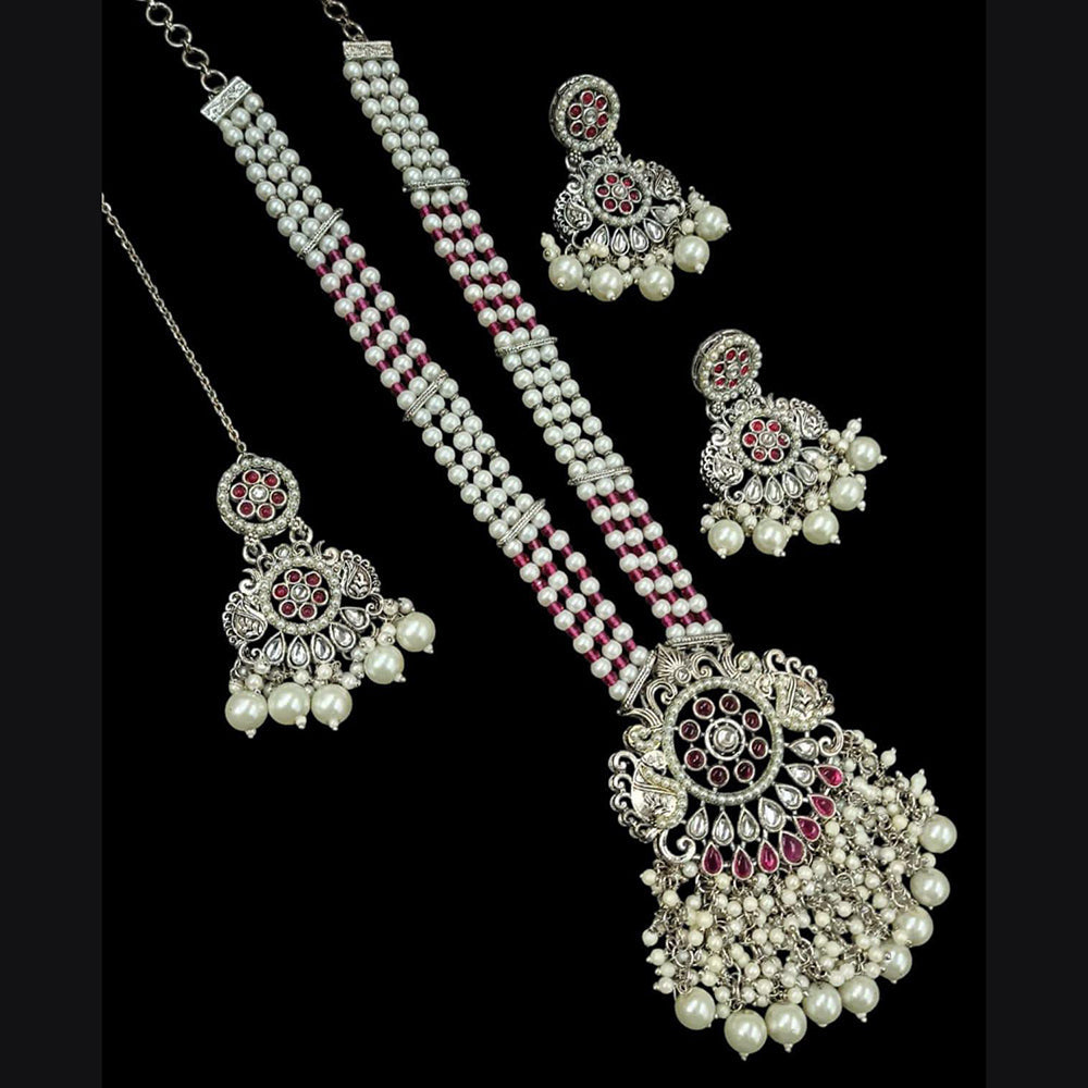 FS Collection Oxidised Plated Pota Stone And Pearls Long Necklace Set