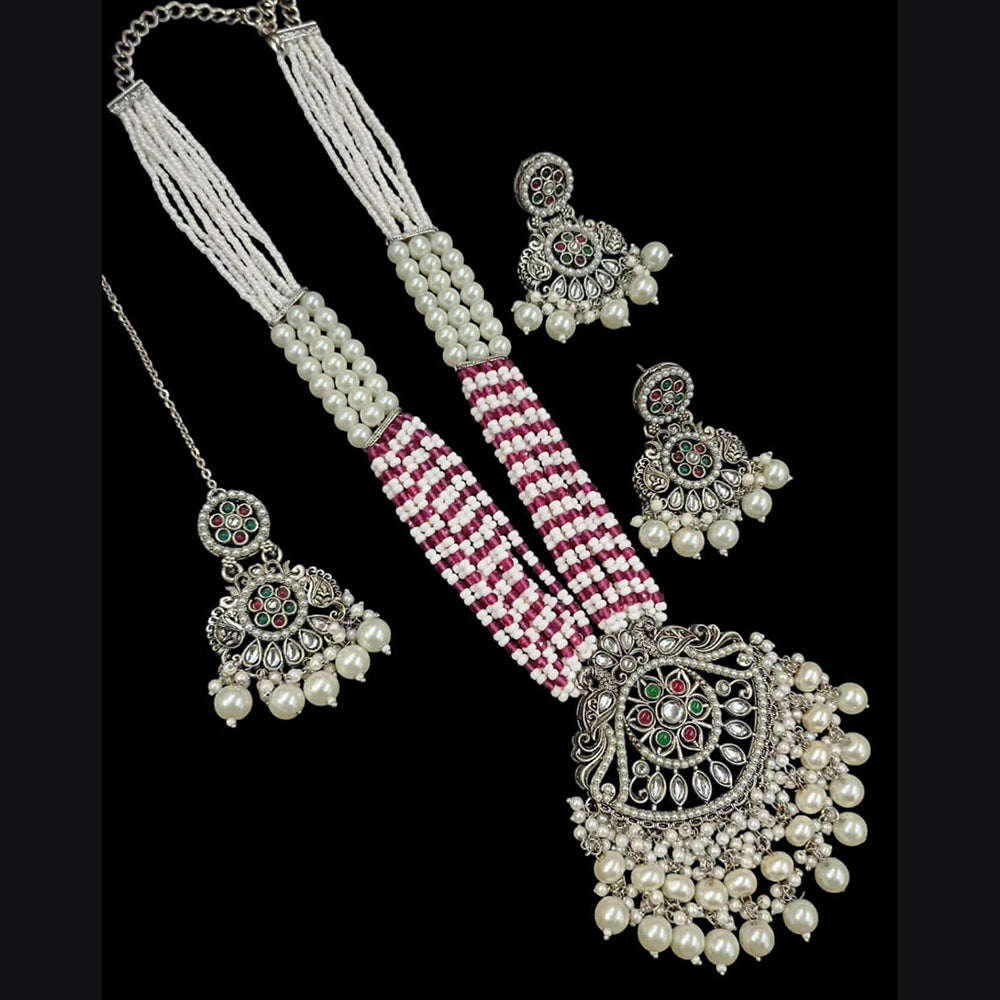 FS Collection Oxidised Plated Pota Stone And Pearls Long Necklace Set