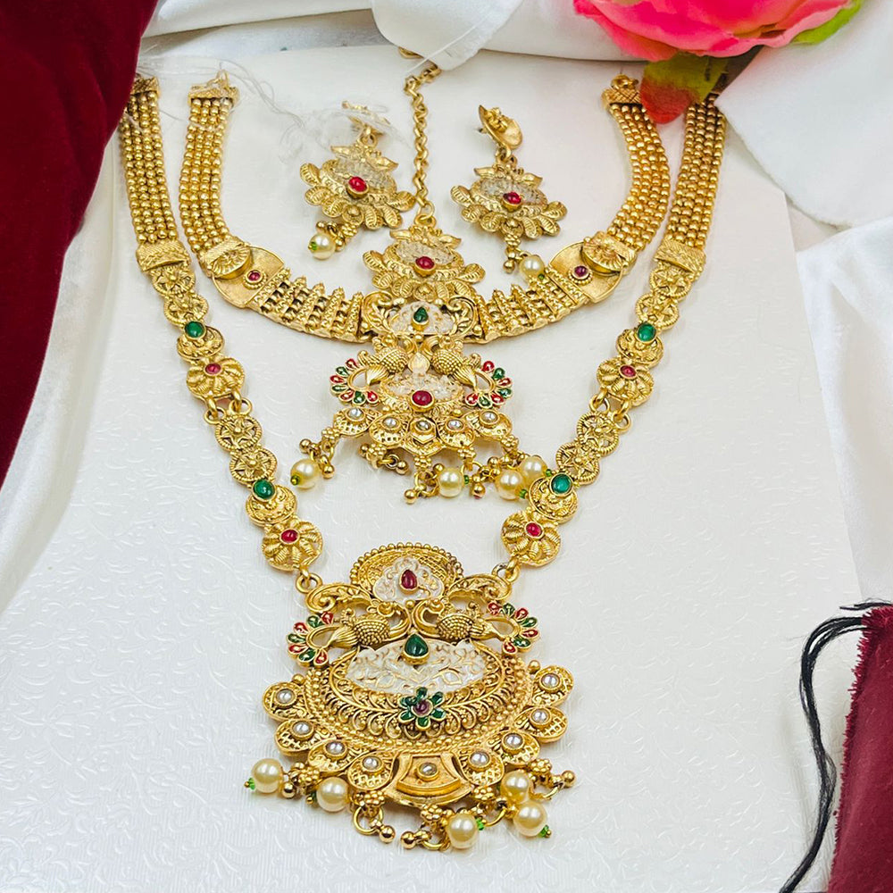 FS Collection Gold Plated Pota Stone And Pearls Meenakari Double Necklace Set