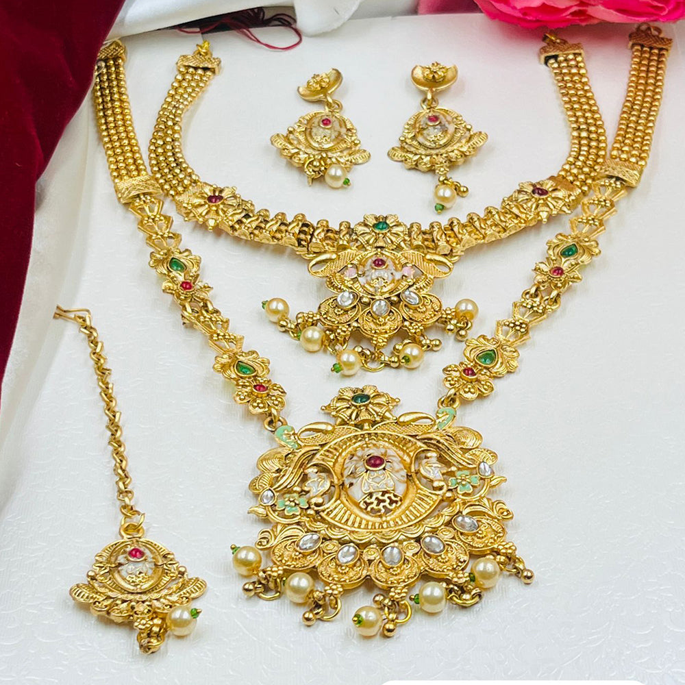 FS Collection Gold Plated Pota Stone And Pearls Meenakari Double Necklace Set