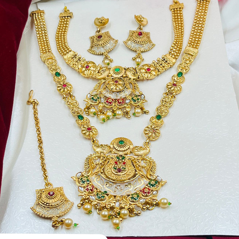 FS Collection Gold Plated Pota Stone And Pearls Meenakari Double Necklace Set