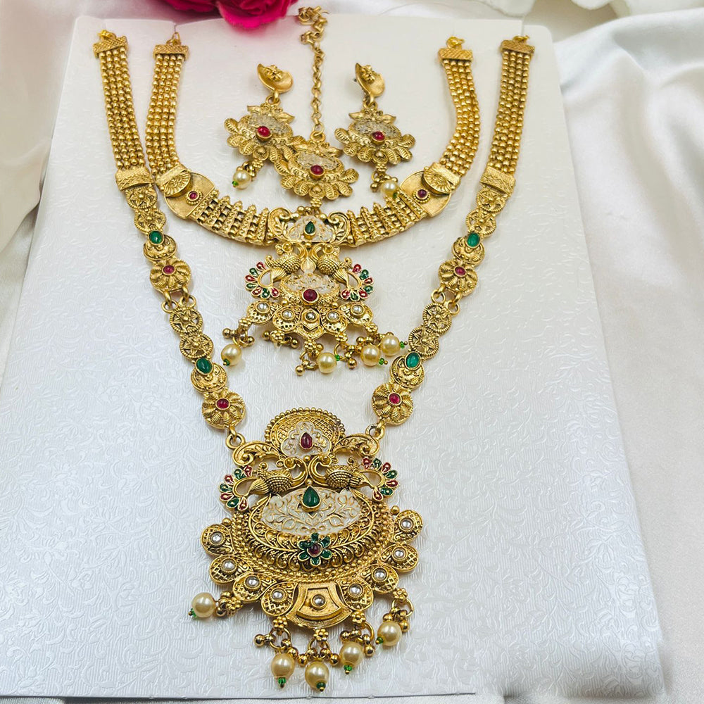 FS Collection Gold Plated Pota Stone And Pearls Meenakari Double Necklace Set