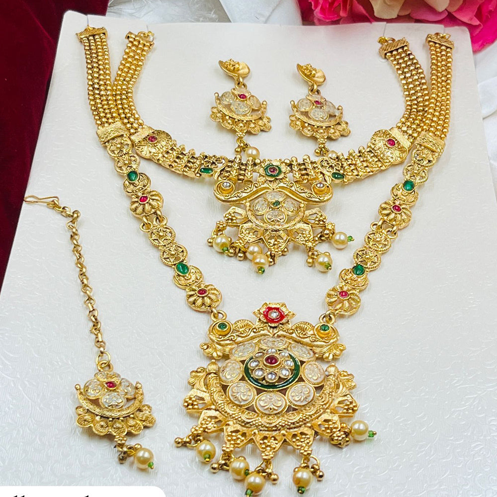 FS Collection Gold Plated Pota Stone And Pearls Meenakari Double Necklace Set
