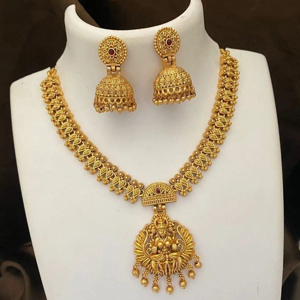 FS Collection Gold Plated Pota Stone And Pearls Temple Necklace Set