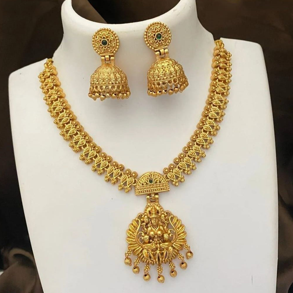 FS Collection Gold Plated Pota Stone And Pearls Temple Necklace Set