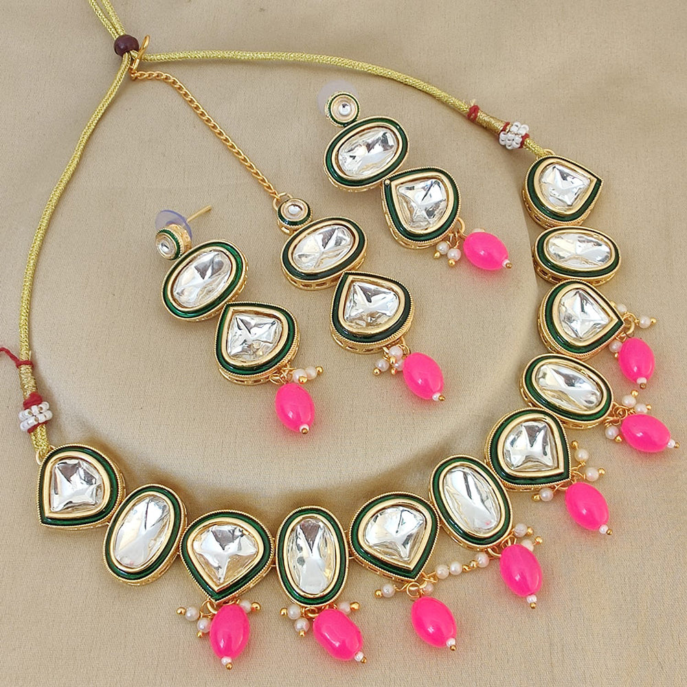 FS Collection Gold Plated Kundan Stone And Beads Choker Necklace Set