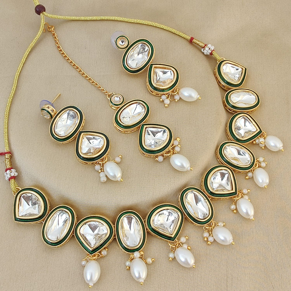 FS Collection Gold Plated Kundan Stone And Beads Choker Necklace Set