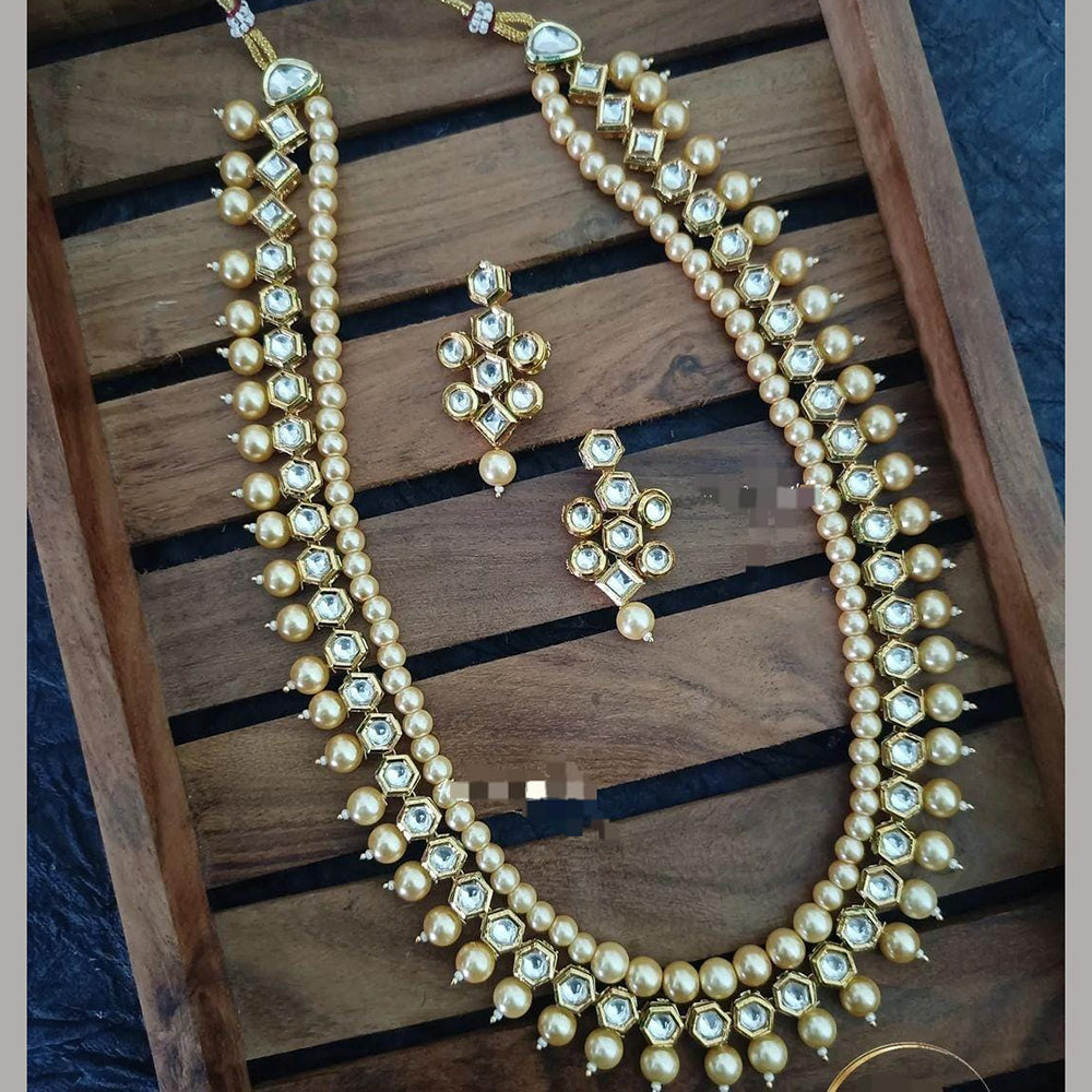 FS Collection Gold Plated Kundan Stone And Beads Long Necklace Set