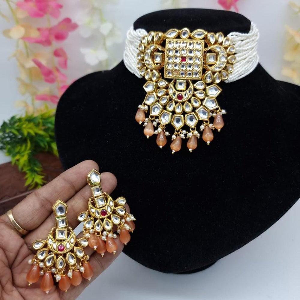 FS Collection Gold Plated Kundan Stone And Beads Choker Necklace Set