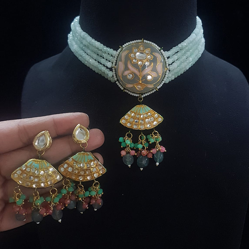 FS Collection Gold Plated Kundan Stone And Beads Meenakari Choker Necklace Set