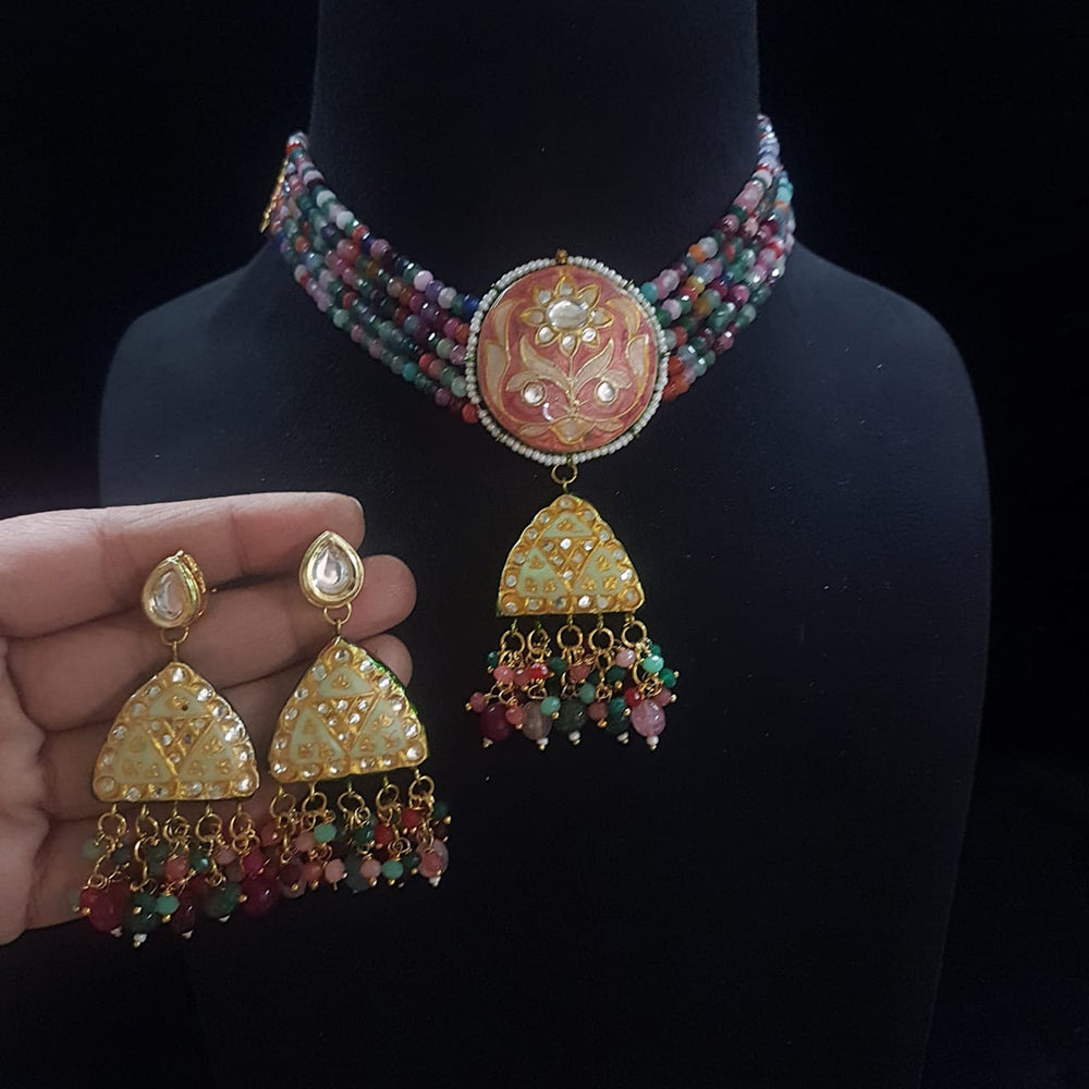 FS Collection Gold Plated Kundan Stone And Beads Meenakari Choker Necklace Set