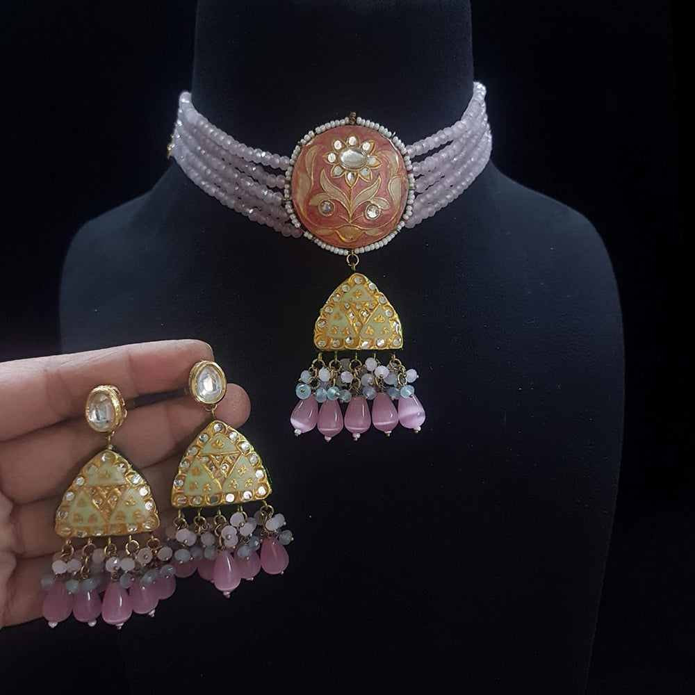 FS Collection Gold Plated Kundan Stone And Beads Meenakari Choker Necklace Set